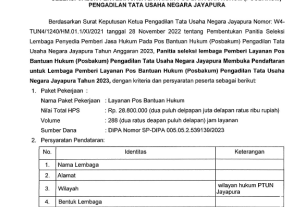 Pengumuman Panitia Seleksi Lembaga Pemberi Layanan Pos Bantuan Hukum (POSBAKUM) Pengadilan Tata Usaha Negara Jayapura Tahun 2023.