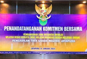 Penandatanganan Komitmen Bersama Pembangunan Zona Integritas Menuju Wilayah Bebas Korupsi (WBK) Wilayah Birokrasi Bersih Melayani (WBBM) Pengadilan Tata Usaha Negara Jayapura Tahun 2023